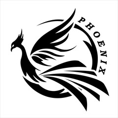 Vector phoenix logo silhouette with circle outline. Beautiful black color of phoenix bird with white outline. Suitable for brand logo, pin, sticker, poster, banner, tattoo, t-shirt image.