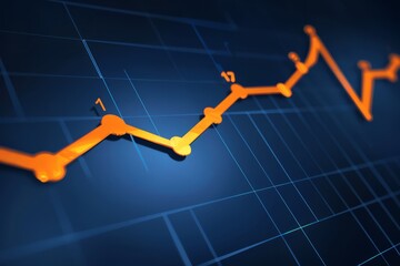 Stock market chart, numbers and orange upward line, blue background