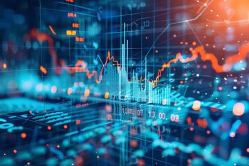 Obraz premium Stock market chart, numbers and orange upward line, blue background