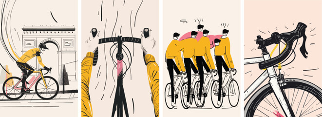 Collection of minimal road bike racing poster cover designs. Abstract cycling sports background