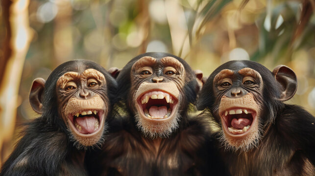 Three chimpanzees with wide smiles and expressive eyes, symbolizing joy, camaraderie, and the playful nature of friendships. Ideal for campaigns promoting happiness, wildlife conservation, and social 