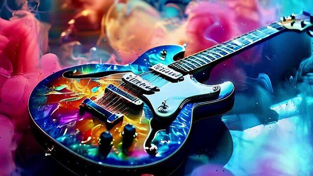 Elegant Electric Guitar with Colored Smoke Background Artistic, colorful