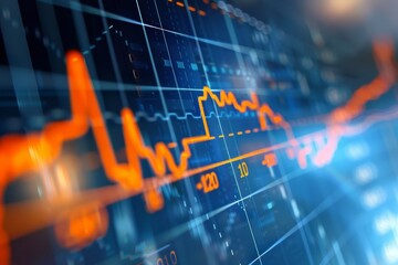 Stock market chart, numbers and orange upward line, blue background