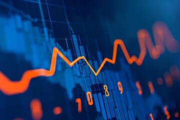 Fototapeta premium Stock market chart, numbers and orange upward line, blue background