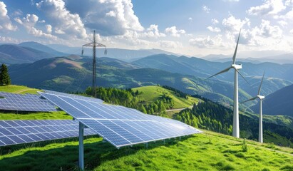 Solar panels and wind turbines in the green fields and mountains, energy distribution, electricity