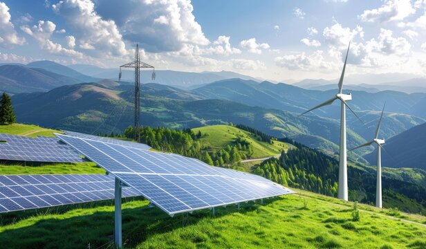 Solar panels and wind turbines in the green fields and mountains, energy distribution, electricity