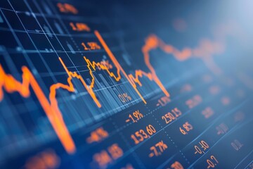 Stock market chart, numbers and orange upward line, blue background