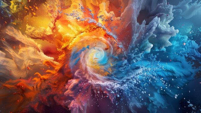 An artistic interpretation of a hurricane with abstract shapes and vivid colors representing the strong forces of gluons within nucleons.