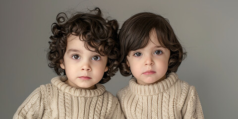 portrait of two children, boy and girl with dark brown hair wearing beige sweaters on light grey background, generative AI