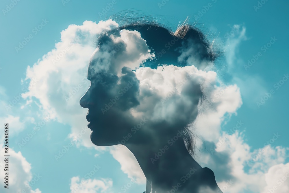 Wall mural a woman with clouds for a head. concept on the theme of mental health