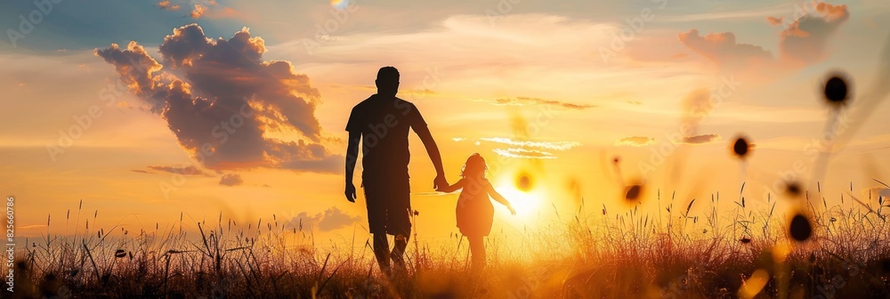 Wall mural silhouette father with little daughter walk at sunset. father's day background concept - Wall murals