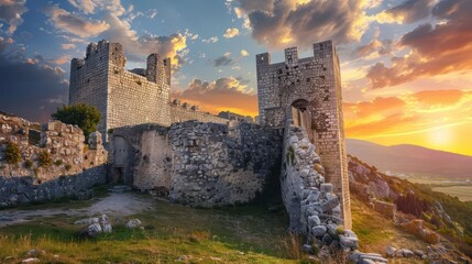 Fototapeta premium Historical landmark of an ancient castle, towering stone walls, dramatic sunset lighting, rich history and grandeur, highresolution architectural photography, Close up