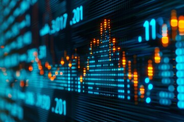 Obraz premium Stock market chart, numbers and orange upward line, blue background