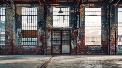 Industrial warehouse interior with exposed brick walls