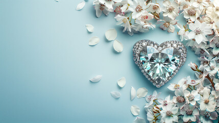 Mothers Day Flowers and Silver Diamond Heart with Copyspace, Abstract Tiffany blue Background