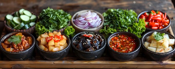 Exotic Lao Cuisine Vibrant Pickled Vegetables and Black Taro Fried Meat with Chili Sauce on a Rustic Wooden Floor