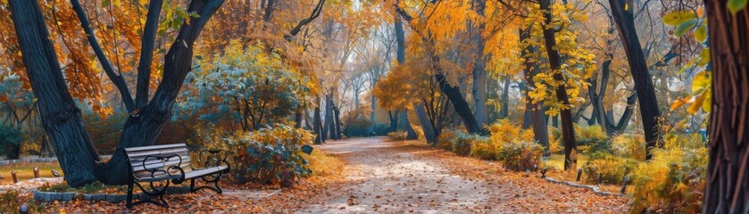 Obraz premium Peaceful Autumn Park Path with Bench