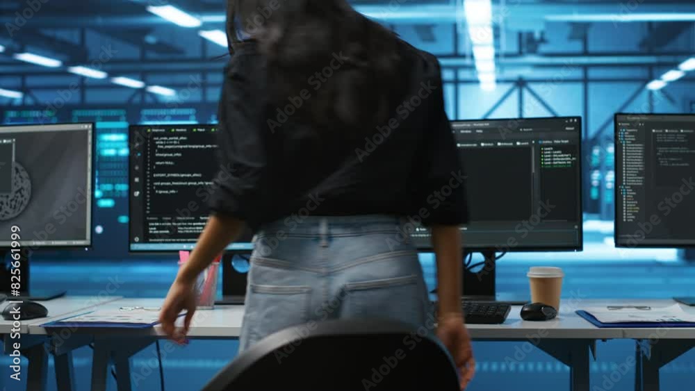 Poster it support employee in data center putting headphones on to talk with coworkers, coding on computer.