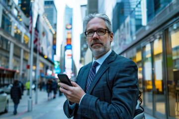 Middle-Aged Banker in Sharp Suit on Wall Street Using Smartphone in Front of Modern Bank Concept Professionalism in Financial District.
