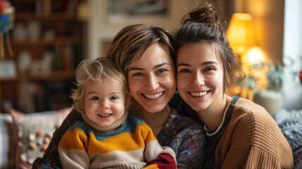 Portrait of LGBTQ Couple with Child Smiling Warmly at Camera in Comfortable Home Concept Loving Family Dynamic.