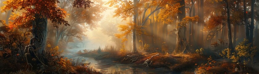 Misty Autumn Forest with Golden Foliage