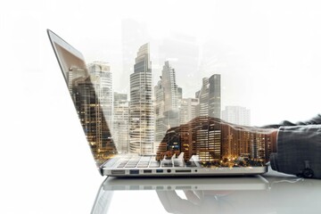 Businessman Using Laptop with Business City Double Exposure on White Background Concept Modern Urban Professionalism.