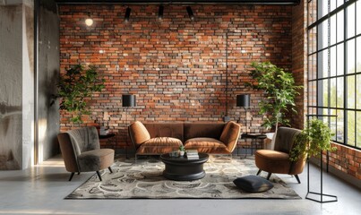 loft interior with brick wall, brown leather armchairs and coffee table near window