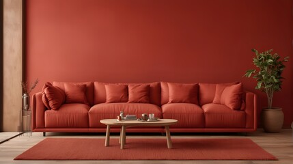 A wide-angle shot of a red modular corner sofa against a blank brown stucco wall with copy space. Side view