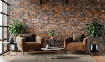 loft interior with brick wall, brown leather armchairs and coffee table near window