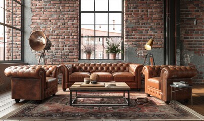 loft interior with brick wall, brown leather armchairs and coffee table near window