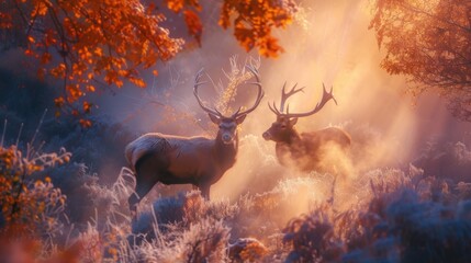 Misty Forest with Majestic Deer Pair