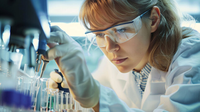 Scientist using a pipette to transfer liquid into test tubes in a lab
