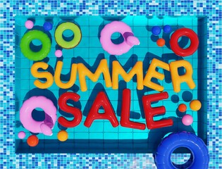 Summer sale 3d render decoration template. Summer pool party 3d illustration background banner