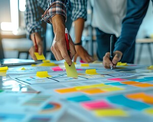Obraz premium Teamwork brainstorming session with sticky notes and documents on the table. Collaboration and planning in a modern office environment.