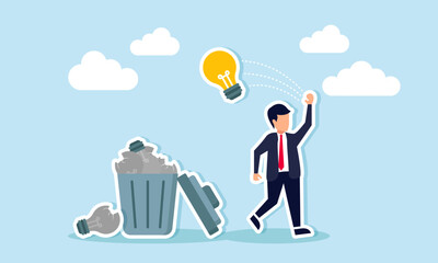 Unworkable ideas and failed projects leading to wasted business efforts, concept of Frustrated businessman throws lightbulb ideas into a bin full of junk ideas