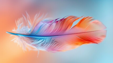 Obraz premium A colorful bird feather gracefully floats through the air a soft gradient background. Aesthetic design. Generative AI