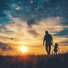 silhouette father with little daughter walk at sunset. father's day background concept