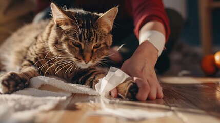 Veterinarian treating cat applying medical bandage on wounded paw indoor