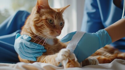 Veterinarian treating cat applying medical bandage on wounded paw indoor