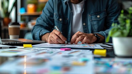 Closeup photo of an entrepreneur working on a laptop with startup ideas, sketches, and coffee cup on the desk