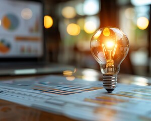 Close-up of a glowing lightbulb on a business report with graphs and charts, symbolizing innovation and ideas in a professional setting.