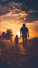 silhouette father with little daughter walk at sunset. father's day background concept