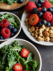 A plate filled with kidney-friendly foods, such as leafy greens, berries, fish, and nuts, highlighting the role of nutrition in maintaining kidney health. with Generative AI Technology