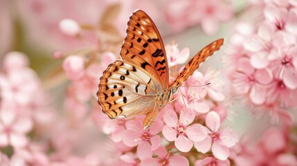 Obraz premium Argynnis paphia butterfly with silver markings feeding on pink blossoms