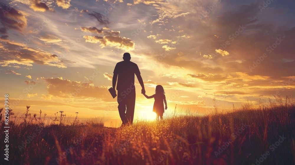 Wall mural silhouette father with little daughter walk at sunset. father's day background concept - Wall murals