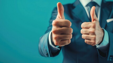 Photo of a businessman showing thumbs up on a blue background with copy space area for your text or message. Web banner with an isolated color background and soft light,