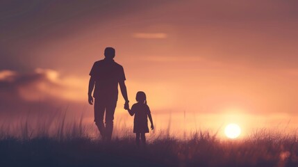 silhouette father with little daughter walk at sunset. father's day background concept