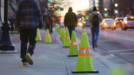 Neon green cones with reflective strips stand tall providing a visible safety barrier for passing pedestrians.