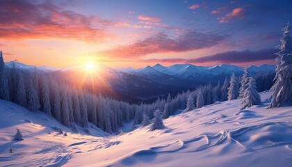 A stunning dramatic sky with vibrant snow winter frozen mountains landscape, beautiful sunset view, cool place in Antarctica