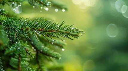 Blurred background showcasing a dewdrop on a green pine leaf